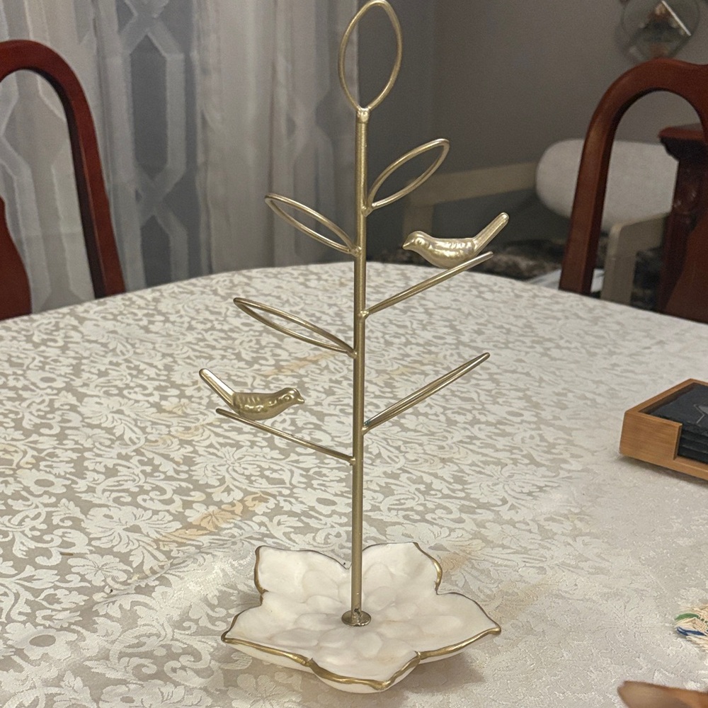 Gold Bird Jewelry Tree with White Floral Dish